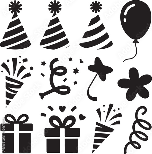 Celebration icons with party hats confetti gifts and a balloon