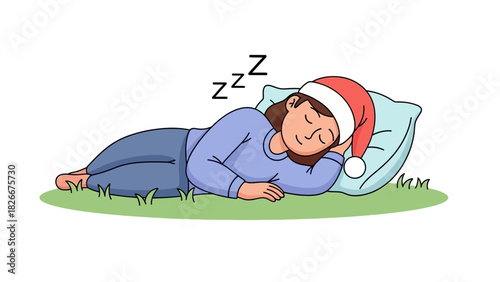 Peaceful Sleep Illustration of a Woman Resting Comfortably with a Festive Hat on Green Grass