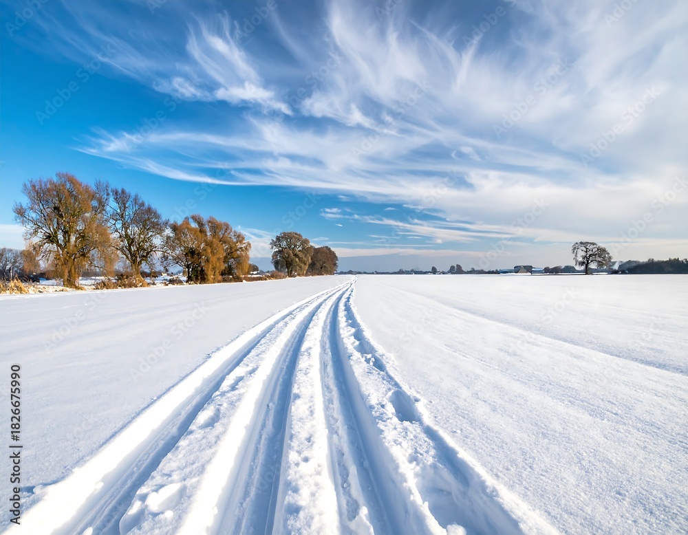 Obraz premium Tracks through vast snowfield leading to trees under a striking blue, whispy cloud-filled sky on bright day
