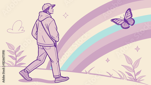 A person walking with a butterfly and a rainbow in the background in a cartoon style illustration