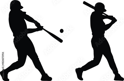 Baseball player silhouettes vector set batter hitting ball home run action sport activity team game