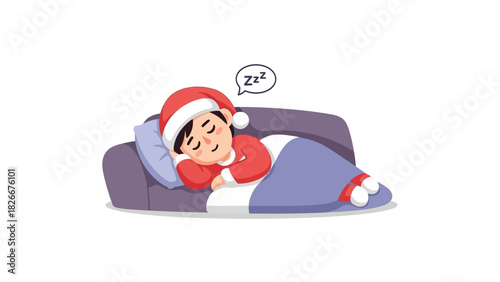 Adorable cartoon boy wearing a festive Santa hat and sleeping soundly on a comfortable purple couch during the holidays