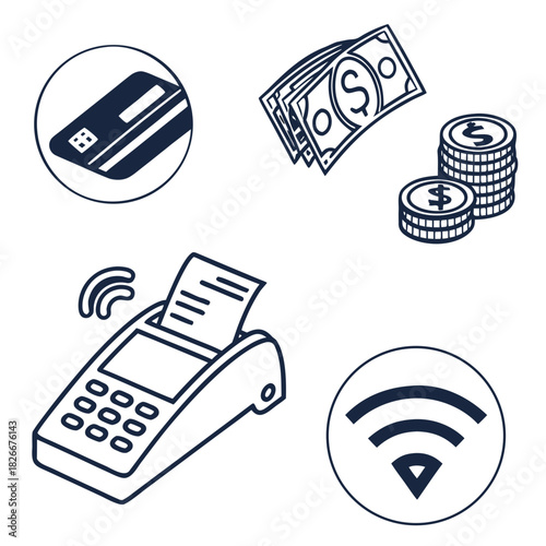 Financial Icons Showing Credit Card Cash Coins and Payment Terminal finance money
