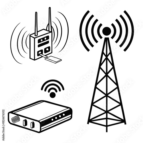 Wireless Router and Communication Tower Icons in Black and White Keywords: network, router