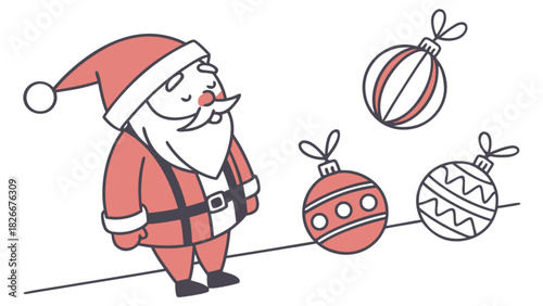 Illustration of santa claus with christmas ornaments in red and white color scheme on a white background