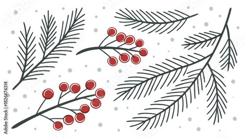Illustration of pine branches and red berries with snow dots on a white background design element