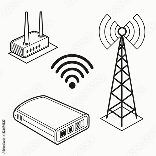 Wireless Routers and Communication Tower with Signal Icons Keywords: network, router, communication
