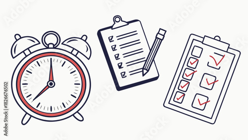 Red Alarm Clock And Two Clipboards With Checklists And Pencil Keywords: alarm clock, checklist