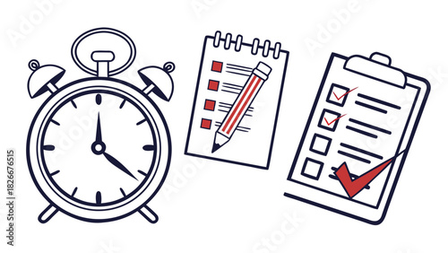 Blue Outline Alarm Clock And Two Clipboards With Red Checkmarks Keywords: alarm clock, checklist