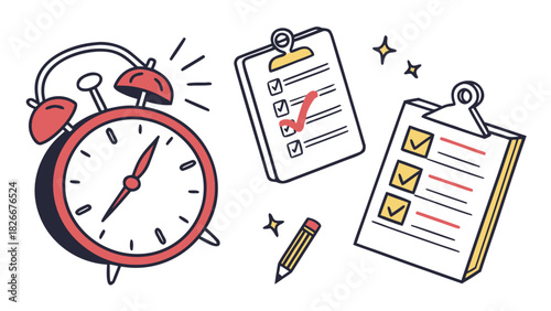 Red Alarm Clock With Ringing Bells And Two Clipboards With Checklists Keywords: alarm clock, checklist