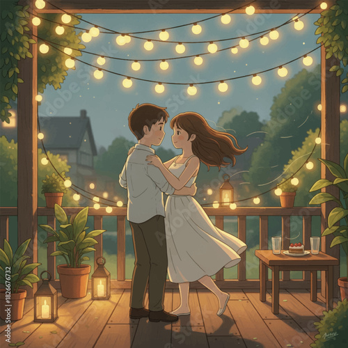 A romantic couple dances under string lights on a wooden porch at night.