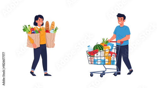 A happy young couple shopping for groceries together, the man pushing a full cart and the woman holding bags of fresh food