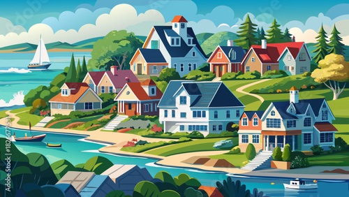 Very beautiful coastal neighborhood featuring elegant seaside homes overlooking calm blue waters, surrounded by manicured landscapes, soft natural light, and a peaceful New England shoreline atmospher