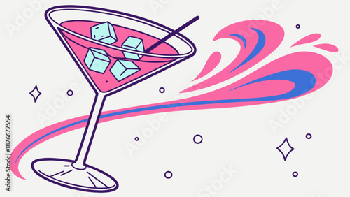 Illustration of a pink martini glass with ice cubes and a splash design on a white background art