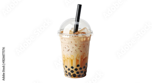 Delicious iced bubble tea with tapioca pearls and milk tea served in a clear plastic cup with a dome lid and black straw, isolated on transparent background