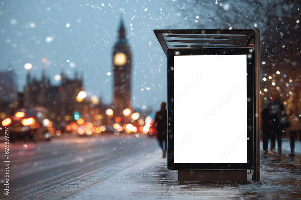 Fototapeta premium Snowy London bus stop banner with festive bokeh and blurred Big Ben backdrop