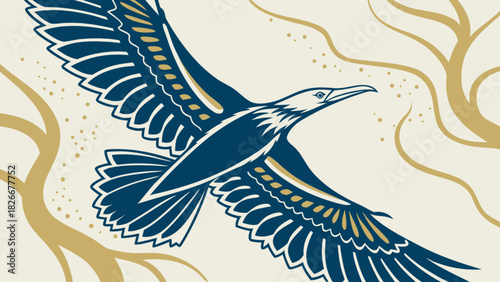 Stylized illustration of a dark blue bird in flight with gold accents and tree branches around it