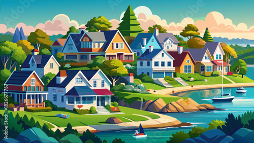 Very beautiful coastal neighborhood featuring elegant seaside homes overlooking calm blue waters, surrounded by manicured landscapes, soft natural light, and a peaceful New England shoreline atmospher