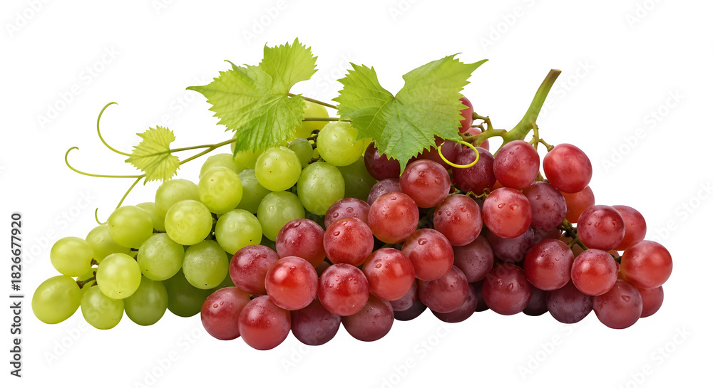 Obraz premium A fresh bunch of red and green grapes with leaves, isolated on transparent background, showcasing a mix of vibrant colors and natural texture of the fruit