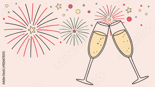 Illustration showing two champagne glasses toasting with fireworks and confetti in the background