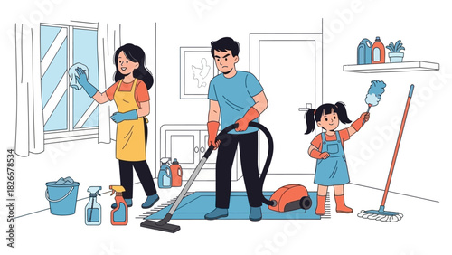 Family Teamwork House Cleaning Parents and Child Collaborating on Household Chores for a Tidy Home Environment