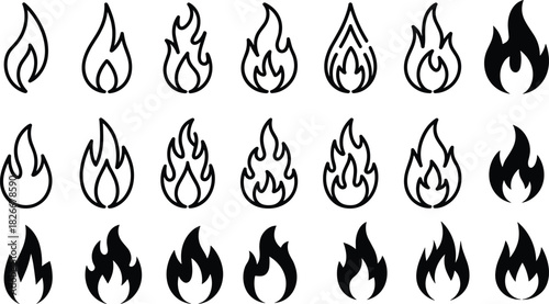 Collection of stylized fire flame icons silhouette
