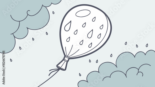 A whimsical illustration of a balloon with raindrops floating among stylized clouds and falling rain