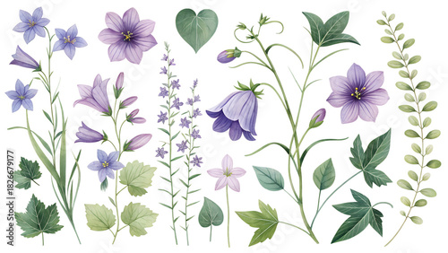 Collection of delicate purple and white bell flowers and green leaves isolated on transparent background