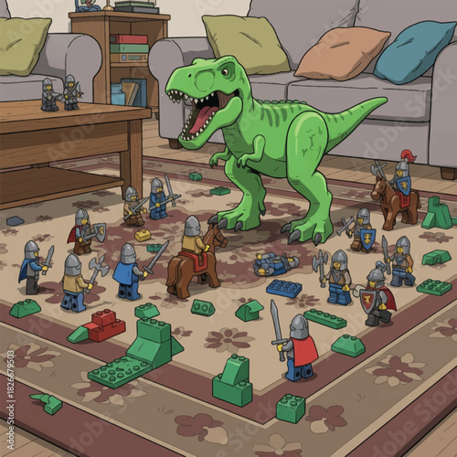 A large green toy dinosaur battles an army of miniature knights on a living room floor.