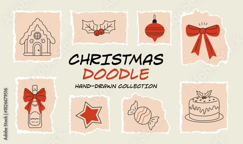 A vector collection of Christmas doodle paper stickers with torn textures, ripped edges, and hand-drawn winter motifs—ideal for festive collages, scrapbooking projects, and New Year decorative designs