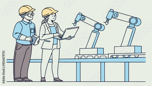 Two engineers inspecting robotic arms on a conveyor belt in a factory setting illustration