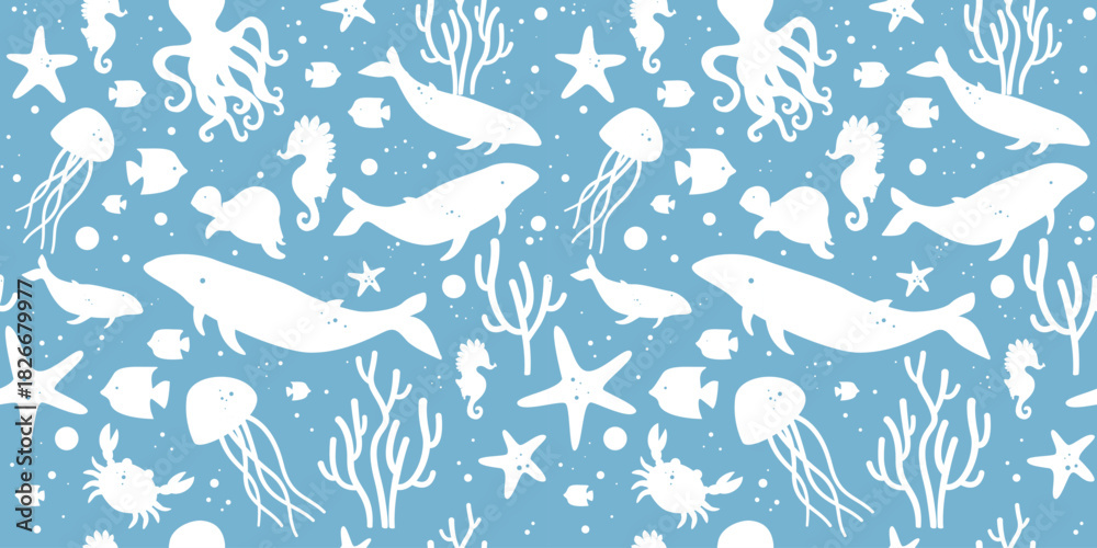 Obraz premium Ocean and Marine Life, Sea Animals Seamless Pattern