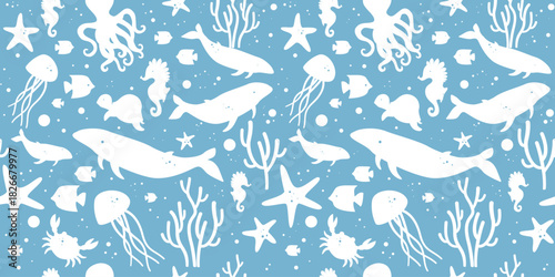 Ocean and Marine Life, Sea Animals Seamless Pattern