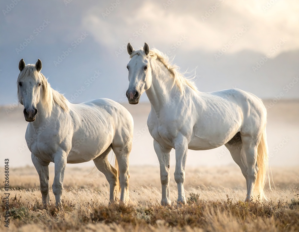 Obraz premium Two elegant white horses stand in a sunlit field, distant mountains in background, soft focus creating a peaceful atmosphere