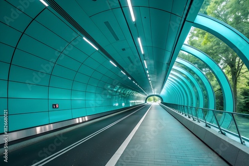 Modern turquoise tunnel with futuristic design leading to a bright exit with greenery