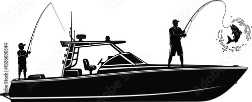 Fishing boat silhouette with anglers catching fish, sport fishing scene, ocean adventure illustration, recreational boating artwork, outdoor marine activity design