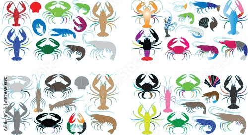 Collection of colorful seafood illustrations on white background Keywords: crab, lobster, shrimp