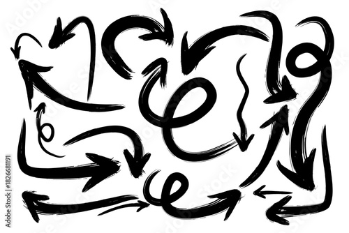 A dynamic set of hand-drawn black brush arrows featuring bold strokes, curved lines, and expressive sketch-style movements on a clean white background
