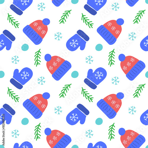 Seamless pattern of winter hats and mittens in a flat vector style in blue, red and green tones for Christmas and holiday design.