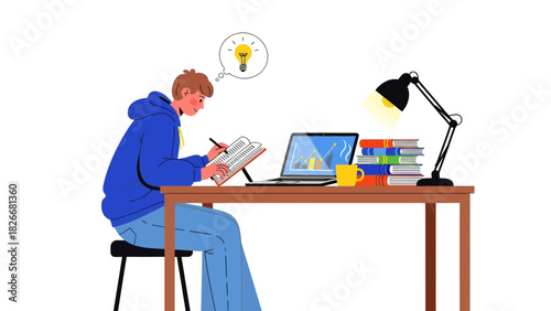 Illustration of a young man studying at his desk with a laptop and books, having a moment of inspiration with a lightbulb idea