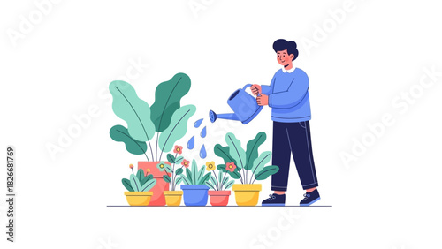 Man watering plants in garden, caring for flowers, gardening, nature, illustration