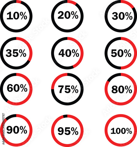 Bild auf Leinwand Red Circular Progress Indicators Vector Icons Set - 10% to 100%