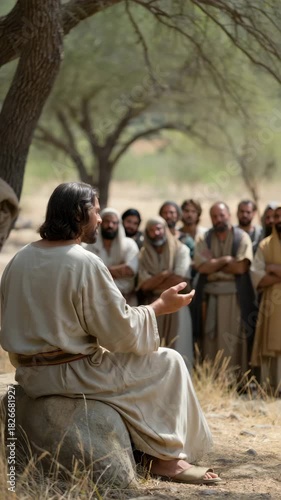 Jesus sitting under tree teaching disciples in biblical setting, spiritual lesson outdoors, New Testament moment, Christian faith, sacred story