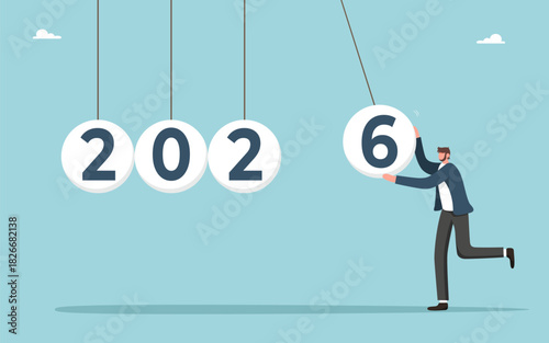 Leadership in setting plan or course for business development in 2026, motivation in achieving goals in future year, determination for great success or heights, man launches 2026 balls into work.