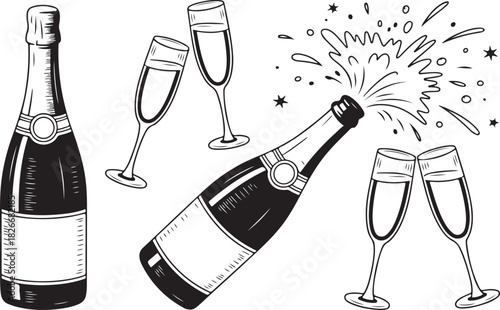 Bottle of champagne and pair of glasses. Popping bottle with cork flying out. Black and white hand drawn vector illustration