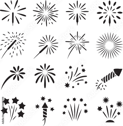 Collection of black and white fireworks and sparklers vector illustration