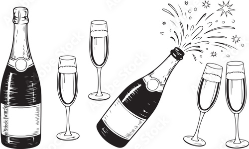 Bottle of champagne and pair of glasses. Popping bottle with cork flying out. Black and white hand drawn vector illustration