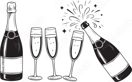 Bottle of champagne and pair of glasses. Popping bottle with cork flying out. Black and white hand drawn vector illustration