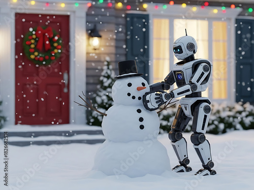 A robot assembles a snowman in front of a warm glowing holiday home, snowflakes falling gently around, creating a charming Christmas winter scene, no humans