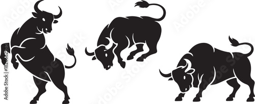 Bull set. Stylized silhouettes of standing in different poses and butting up bulls. Isolated on white background. Bull logo designs set. Vector illustration